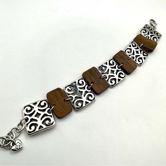 Brighton Teak Wood Silver Scroll Bracelet RARE Retired Coastal Cowgirl Western